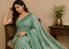 Pure Green Handblock Print Chiffon Saree