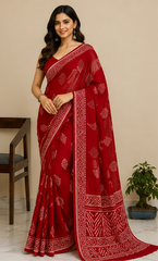 Pure Red Squares Handblock Print Chiffon Saree