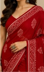 Pure Red Squares Handblock Print Chiffon Saree