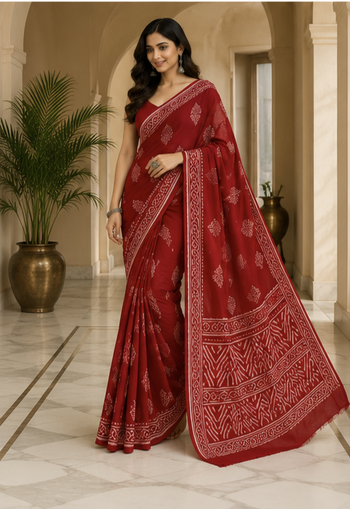 Pure Red Squares Handblock Print Chiffon Saree