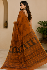 Pure Rust Brown Handblock Print Chiffon Saree