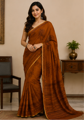 Pure Rust Brown Handblock Print Chiffon Saree