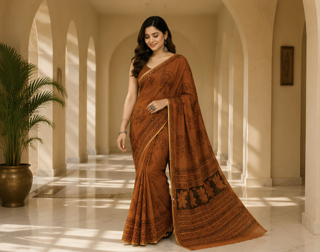 Pure Rust Brown Handblock Print Chiffon Saree