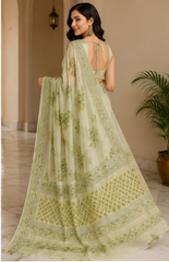 Pure Sage Green Handblock Print Chiffon Saree