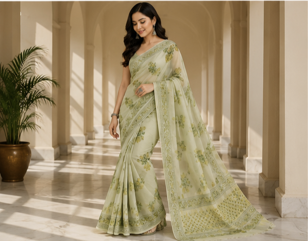Pure Sage Green Handblock Print Chiffon Saree