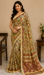 Pure Beige Handblock Print Chiffon Saree
