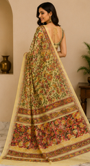 Pure Beige Handblock Print Chiffon Saree