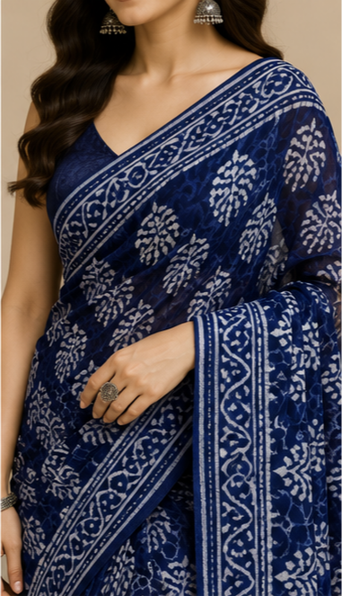 Pure Navy Leaves Handblock Print Chiffon Saree