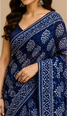 Pure Navy Leaves Handblock Print Chiffon Saree