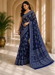 Pure Navy Leaves Handblock Print Chiffon Saree