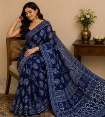 Pure Navy Leaves Handblock Print Chiffon Saree