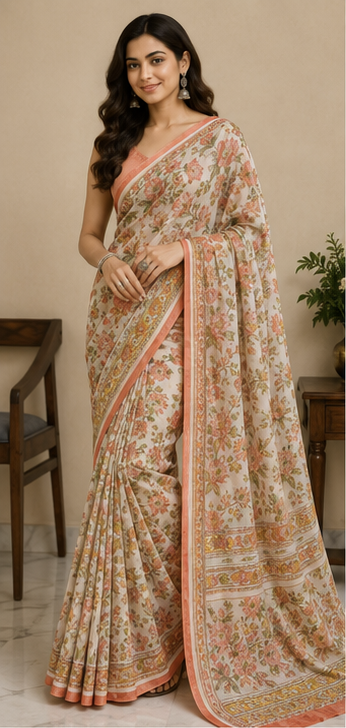 Pure Rose Gold Handblock Print Chiffon Saree