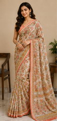 Pure Rose Gold Handblock Print Chiffon Saree