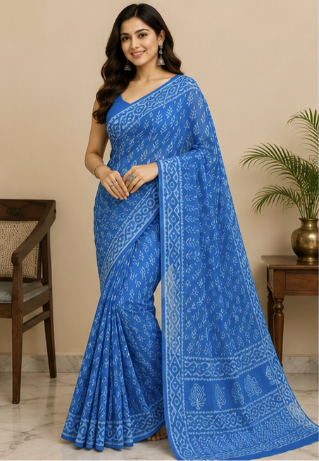 Pure Blue Handblock Print Chiffon Saree