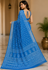 Pure Blue Handblock Print Chiffon Saree