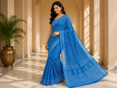 Pure Blue Handblock Print Chiffon Saree