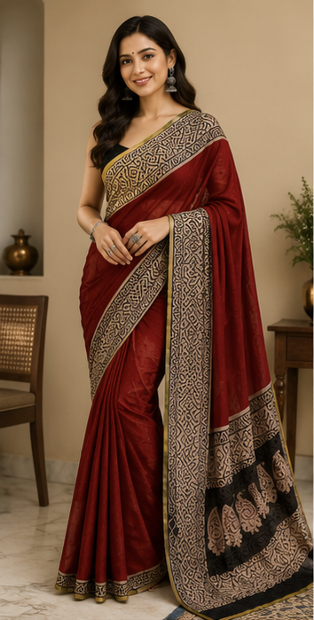 Pure Red Handblock Print Chiffon Saree