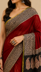 Pure Red Handblock Print Chiffon Saree