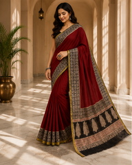 Pure Red Handblock Print Chiffon Saree