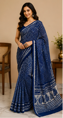 Pure Navy Zigzag Handblock Print Chiffon Saree
