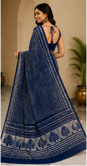 Pure Navy Zigzag Handblock Print Chiffon Saree