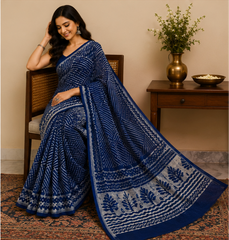 Pure Navy Zigzag Handblock Print Chiffon Saree