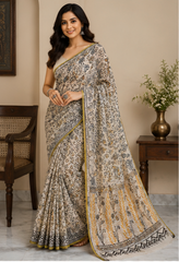 Pure Whisper Grey Handblock Print Chiffon Saree