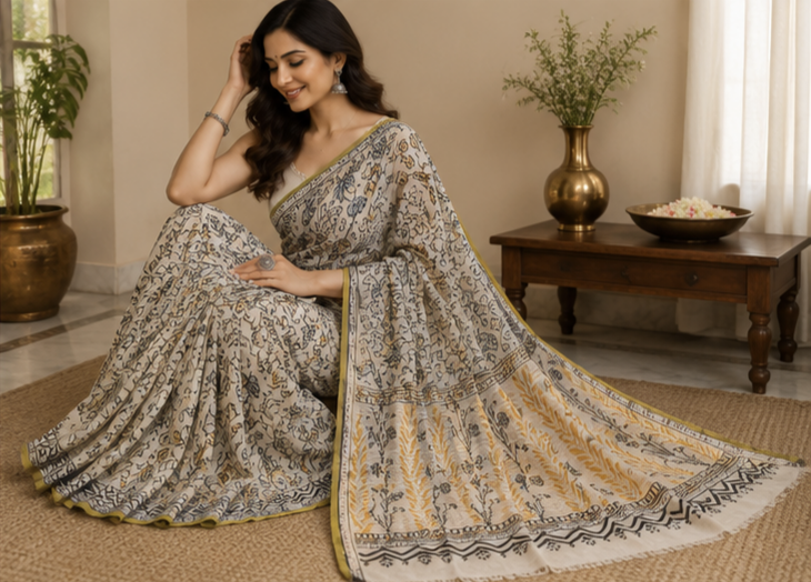 Pure Whisper Grey Handblock Print Chiffon Saree