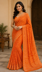 Pure Orange Handblock Print Chiffon Saree