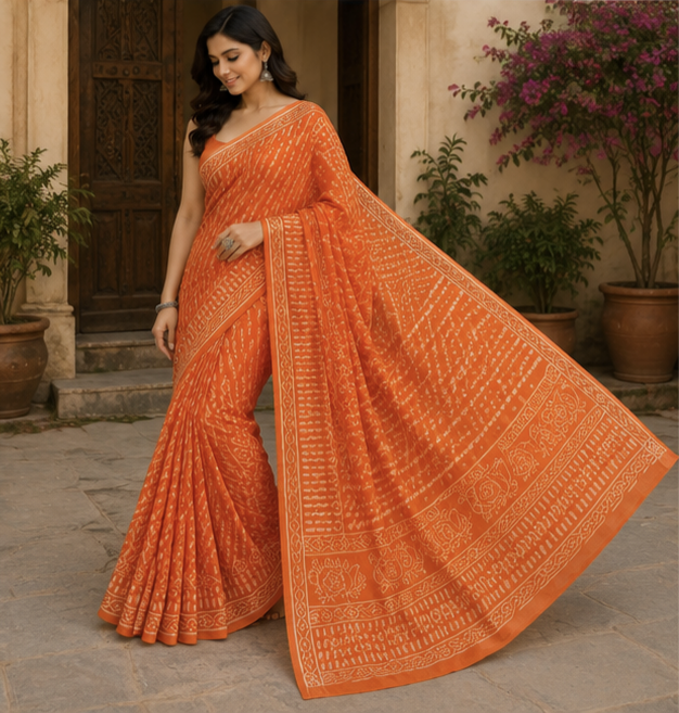 Pure Orange Handblock Print Chiffon Saree