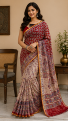 Pure Maroon Handblock Print Chiffon Saree