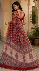 Pure Maroon Handblock Print Chiffon Saree