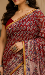 Pure Maroon Handblock Print Chiffon Saree