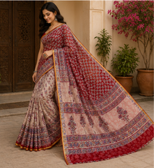 Pure Maroon Handblock Print Chiffon Saree