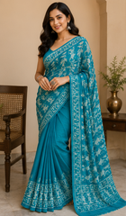 Pure Rama Green Handblock Print Chiffon Saree