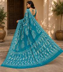 Pure Rama Green Handblock Print Chiffon Saree
