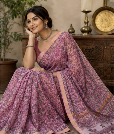 Pure Dusty Mauve Handblock Print Kota Doria Saree