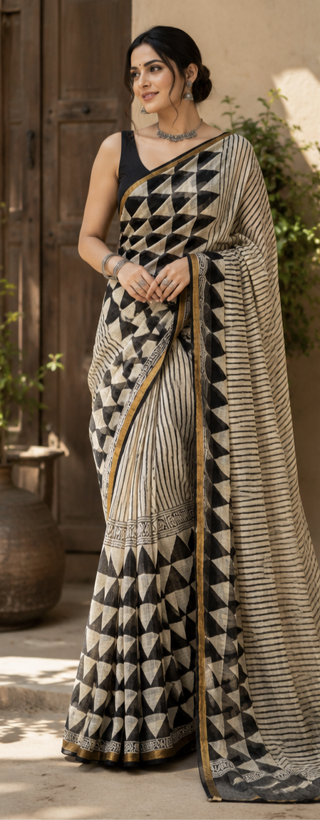Pure Black Checks Block Print Kota Doria Saree