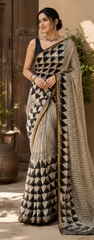 Pure Black Checks Block Print Kota Doria Saree