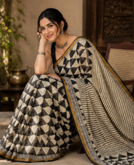 Pure Black Checks Block Print Kota Doria Saree