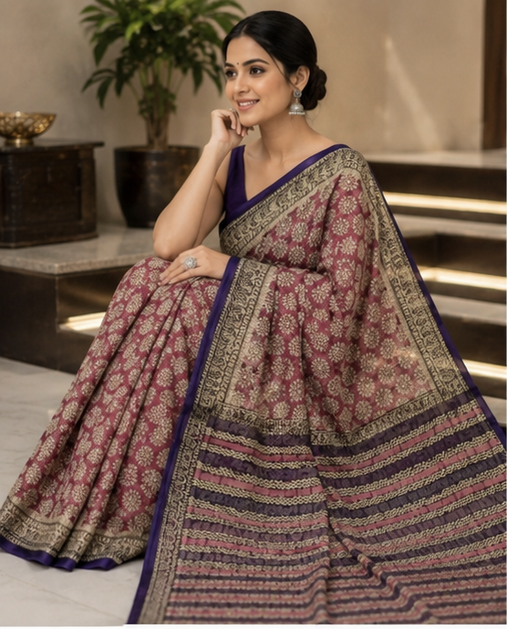Pure Red Flowers Block Print Kota Doria Saree