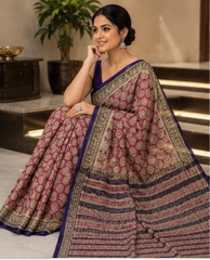 Pure Red Flowers Block Print Kota Doria Saree