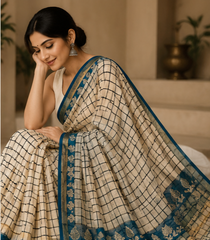 Pure Chiku Green Block Print Kota Doria Saree