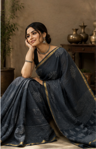 Pure Charcoal Grey Block Print Kota Doria Saree