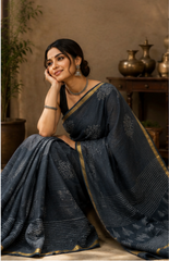 Pure Charcoal Grey Block Print Kota Doria Saree