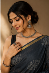 Pure Charcoal Grey Block Print Kota Doria Saree