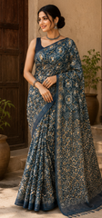 Pure Indigo Blue Block Print Kota Doria Saree