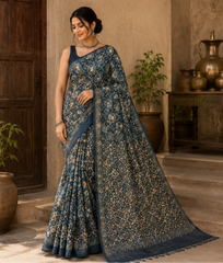 Pure Indigo Blue Block Print Kota Doria Saree