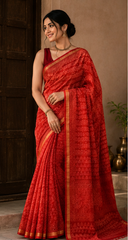 Pure Red Block Print Kota Doria Saree