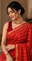 Pure Red Block Print Kota Doria Saree